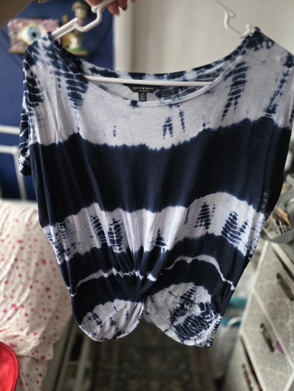 Lucky Brand Navy and White Tie-Dye Twist Front Tee